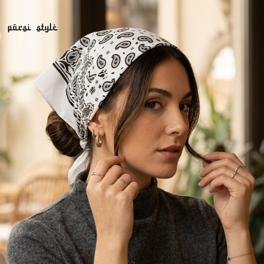 دستمال سر بزرگسال نخی طرح چاپی بته جقه کوچک سفید