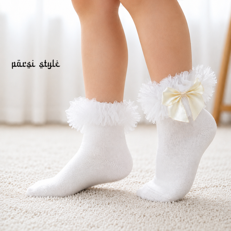 جوراب دخترانه نیمساق نخی لب تور پاپیونی