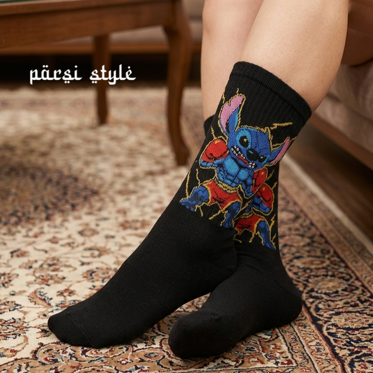 جوراب بزرگسال ساقدار کش انگلیسی طرحدار Stitch the Fighter